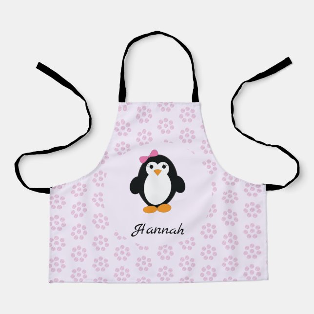 Delantal Pingüino Chica con fondo de margarita rosa (Anverso)