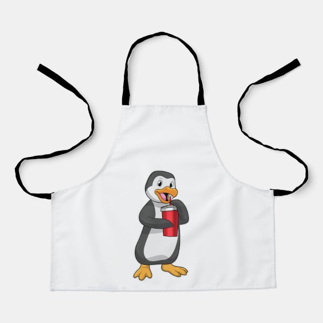 Delantal Pingüino con taza de bebida con paja (Anverso)
