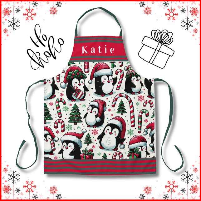 Delantal Pingüinos cortos en Navidades Santa Hats (Cute Penguins in Christmas Santa Hats with candy canes, Christmas Trees and Gifts. Get Yours Now!)