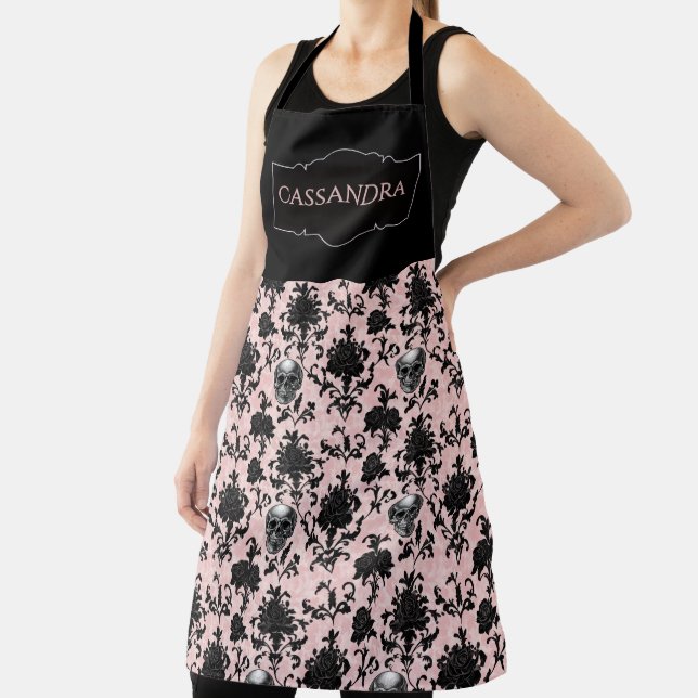 Delantal Pink and Black Goth Skulls and Roses Personalized  (in situ)