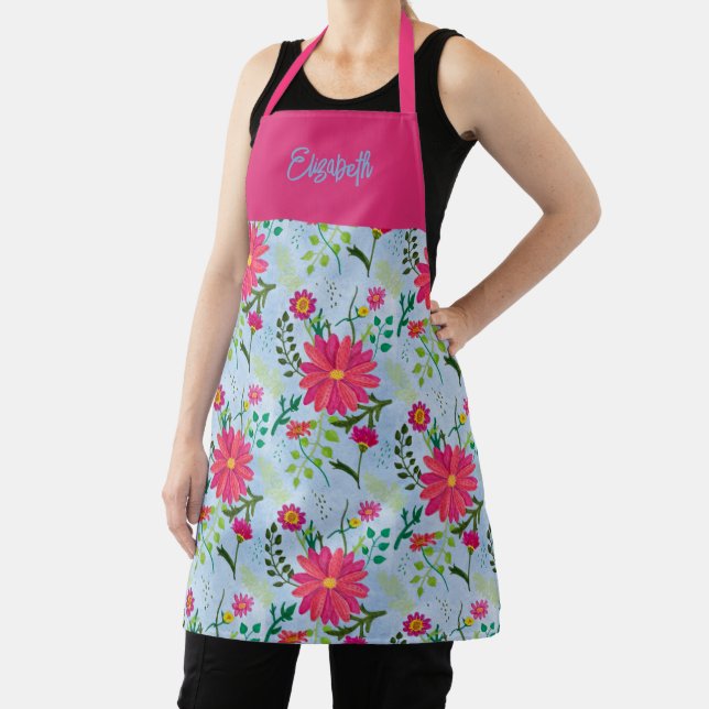 Delantal Pink Daisies and name All-Over Print Apron (in situ)