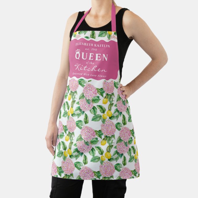Delantal Pink Hydrangea Lemons Citrus Queen of the Kitchen (in situ)