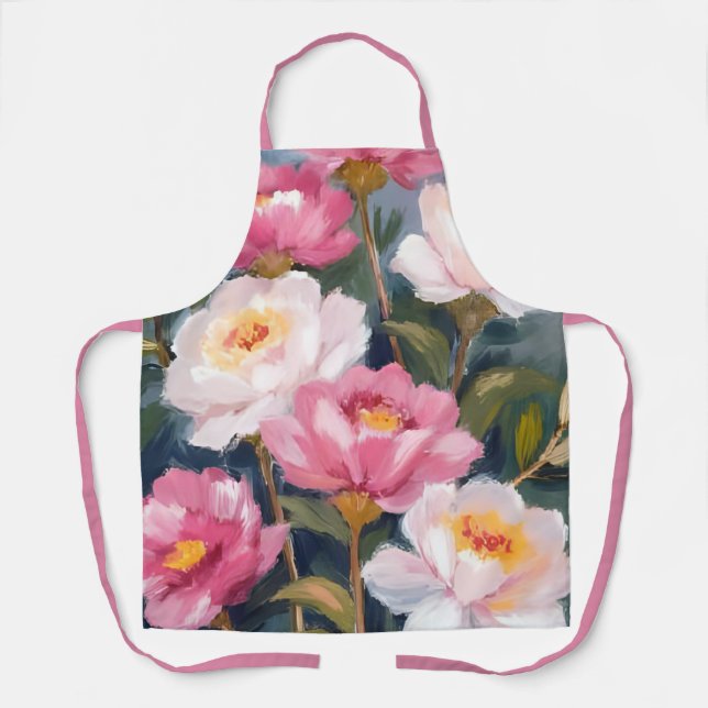 Delantal Pink Peonies Flor Bouquet acuarela (Anverso)