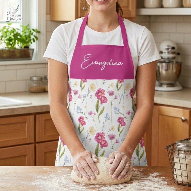 Delantal Pink Purple Watercolor Wildflower Custom Name (Personalized wildflower boho apron with pink panel and customizable name. Ideal for home chef gift)