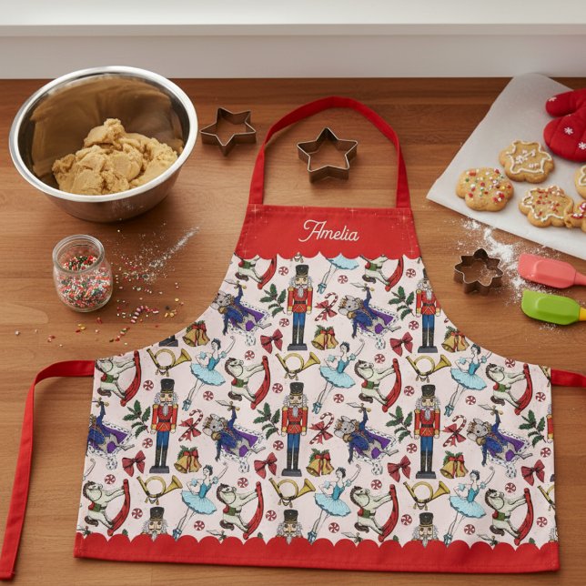 Delantal Pink & Red Christmas Nutcracker Ballet Kids (Cute Pink and Red Christmas Kids Cookie Baking Apron. Nutcracker Ballerina Mouse King Ballet Pattern)