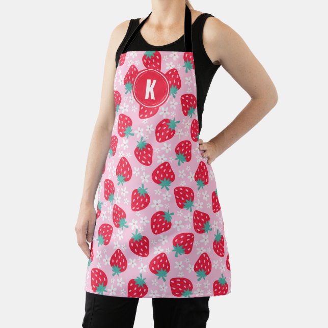 Delantal Pink Red Strawberries Floral  Pattern Monogram (in situ)