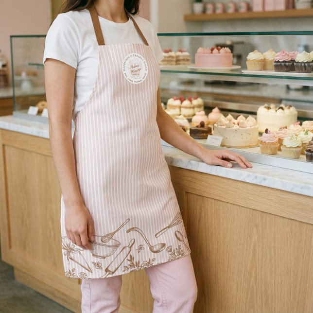 Delantal Pink Stripe Bakery Logo Hand Drawn Baking Utensils (Pink Stripe Bakery Logo Hand Drawn Baking Utensils Apron)