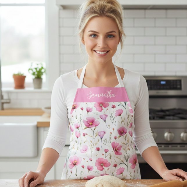 Delantal Pink Watercolor Wildflower Monogram Name (Subido por el creador)