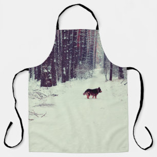 Delantal Pino nevado de invierno, perro caminando por los b
