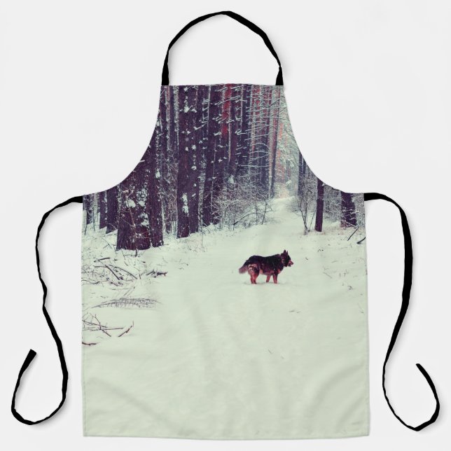 Delantal Pino nevado de invierno, perro caminando por los b (Anverso)