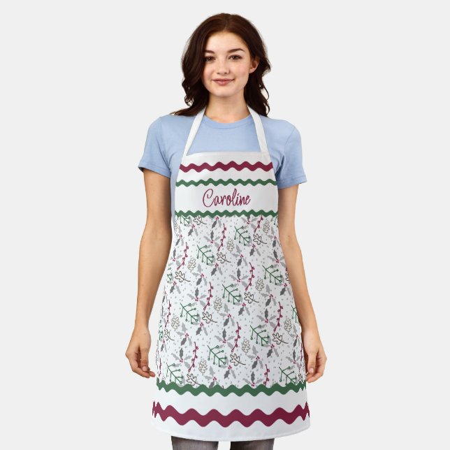 Delantal Pino Verde Oscuro Needles Red Holly Berries (Gastado)