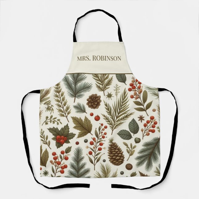 Delantal Pino verde rojo y berries acuarela Boho Holiday (Anverso)