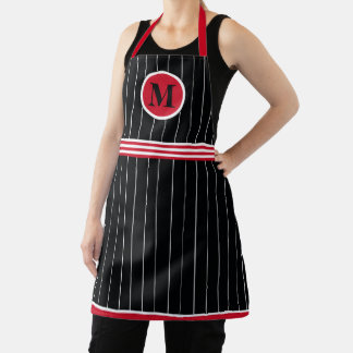 Delantal Pinstripe blanco negro rojo monogramo