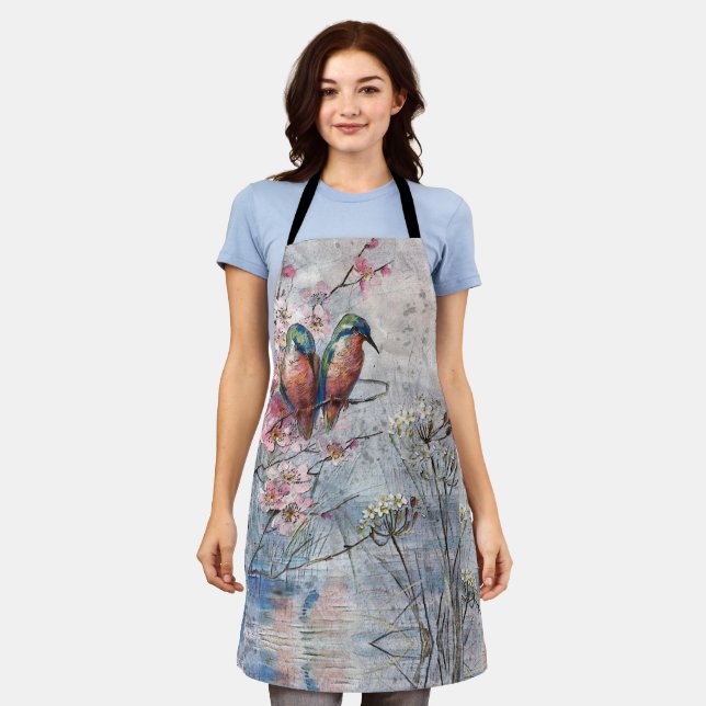 Delantal Pintados bonitos de Kingfishers y flores (Gastado)