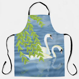 Delantal Pintando la pareja azul y verde de cisnes en el la