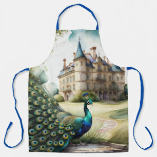 Delantal Pintura acuarela de pavo real y castillo