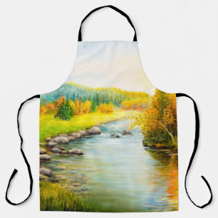 Delantal  pintura al óleo de bello paisaje otoñal, bosque