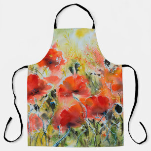 Delantal Pintura de flores rojas de amapola de color agua. 
