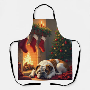 Delantal Pintura de Navidad de Bulldog junto a la Chimenea