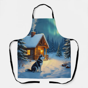Delantal Pintura de Navidad de Cabaña Nevada con Husky Sibe
