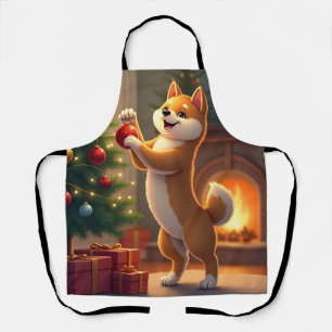 Delantal Pintura de Shiba Inu decorando el árbol de Navidad