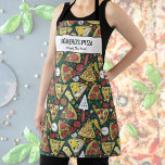 Delantal Pizza Slices, Chef Baker Restaurant Personalizado<br><div class="desc">Un delantal divertido con un patrón de pizzas y herramientas de pizza y dos líneas de texto personalizado. Añade el nombre de una persona, restaurante o tienda de pizza o borra el texto y el rectángulo y simplemente usa el patrón. Perfecto para restaurantes, chefs en ciernes, fiestas de cumpleaños de...</div>