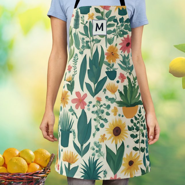 Delantal Planta de jardinería Patrón Jardín Lover Monograma (A chic monogrammed apron patterned with plants and flowers. An ideal gift for garden lovers)