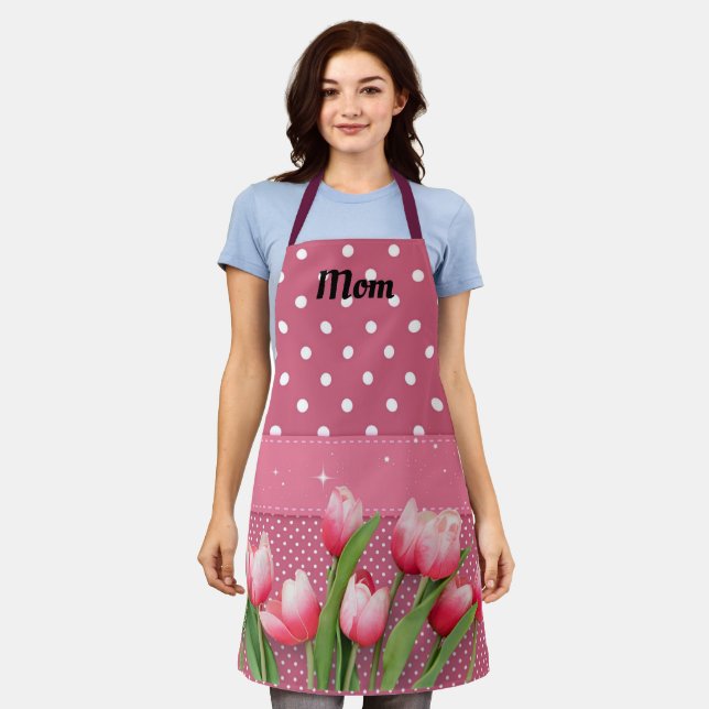 Delantal Plantilla de tulipanes rosados en puntos de polka  (Gastado)