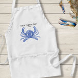 Delantal Playa Personalizado de cangrejo azul náutico de Gu<br><div class="desc">Celebre el verano, el océano y la playa con este diseño de cangrejo azul vintage. Un ilustracion rústico con grabado de cangrejo azul se encuentra sobre un fondo de lino tostado. Añade tu texto personalizado - monograma, apellido, nombre de la casa de playa, año establecido, etc - o si lo...</div>