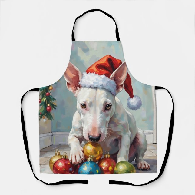 Delantal Playful Bull Terrier Dog Guarding Christmas (Anverso)
