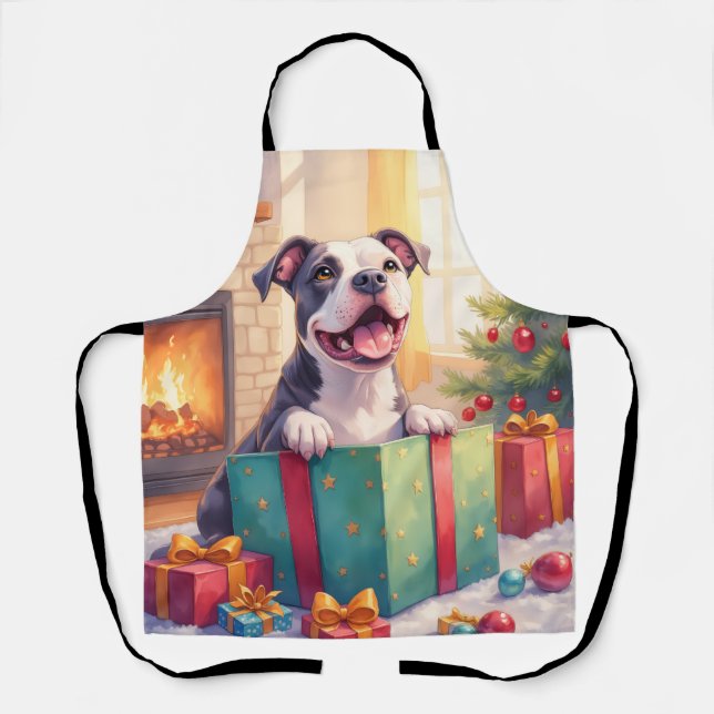 Delantal Playful Pitbull Opening Christmas Gifts Holiday (Anverso)