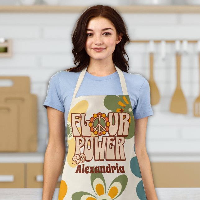 Delantal "Poder de la harina" retro 60 Funny Cocinar Apron ("flour power" 60s 70s hippy apron funny cute retro w/ custom name peace sign baking apron for women)