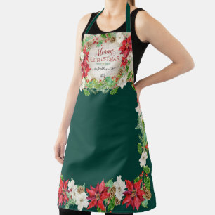 Delantal Poinsettia Floral Merry Christmas Farmhouse Green