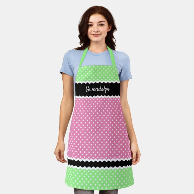 Delantal Polkadots blancos personalizados sobre negro verde (Gastado)