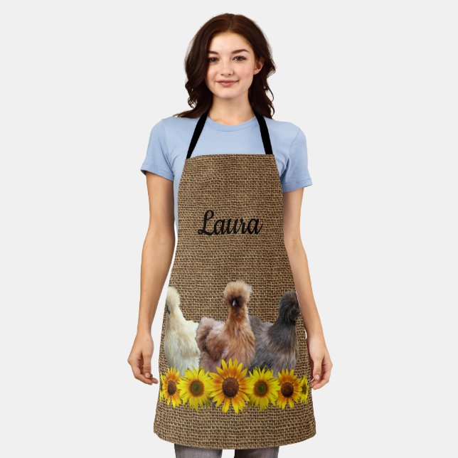 Delantal Pollo Apron Tu Nombre Silkies Sunflowers Burlap (Gastado)