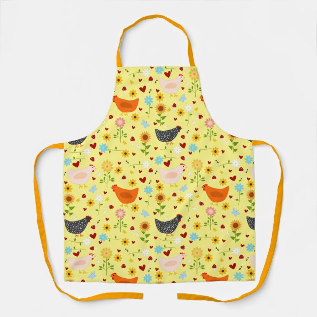 Delantal Pollos en el jardín, con flores y bichos (Anverso)