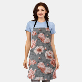 Delantal Polvo Romántico Rosa Peonía Gris Patrón Floral