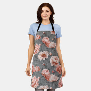 Delantal Polvo Romántico Rosa Peonía Gris Patrón Floral