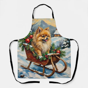 Delantal Pomerania vintage en trineo de Navidad de madera
