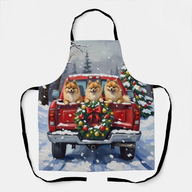 Delantal Pomeranian Christmas Red Truck Holiday Gift (Anverso)