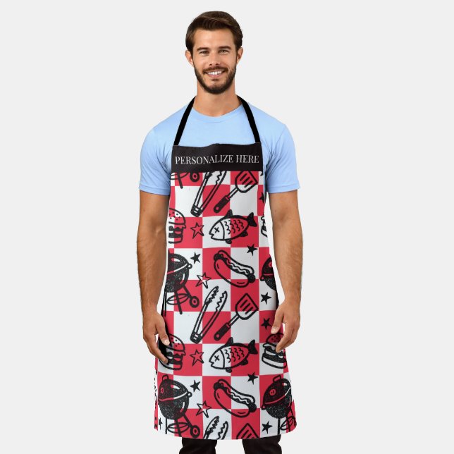 Delantal Preppy Dad Grilling Pattern – BBQ Doodles (Check) (Gastado)