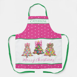 Delantal Preppy Pink and Green Christmas Trees