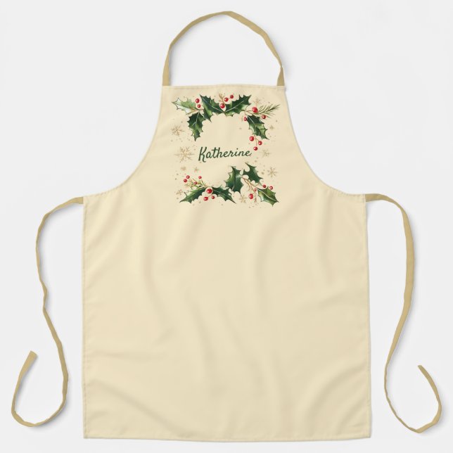 Delantal Pretty Personalized Holly & Snowflakes Xmas Apron (Anverso)