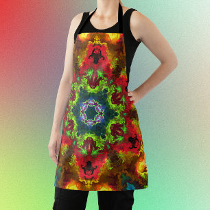 Delantal Psicodelia Hippie Flor Verde Rojo y Naranja