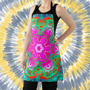 Delantal Psicodelia Mandala Flor Azul Rosa Verde y Rojo