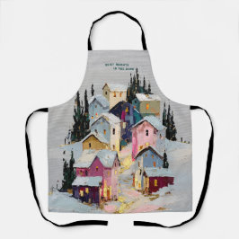 Delantal Pueblo invernal colorido con impasto y nieve