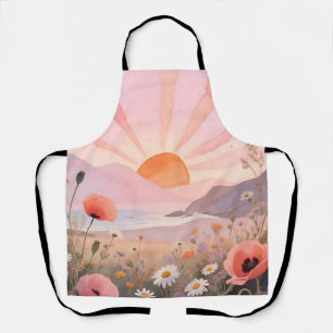 Delantal Puesta de sol pastel en pradera de flores silvestr