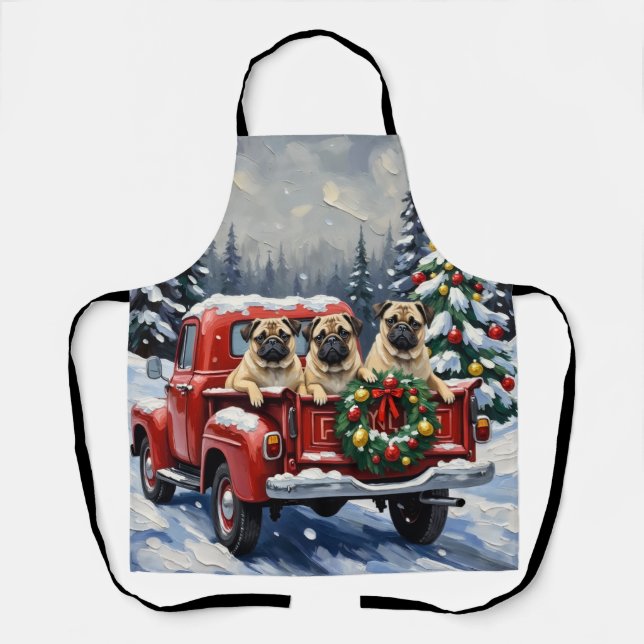 Delantal Pug Christmas Red Truck Holiday (Anverso)