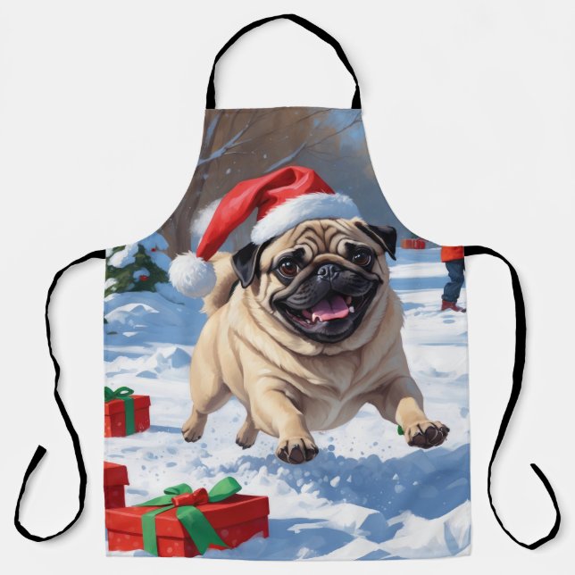 Delantal Pug Corriendo en Nieve con Gorra de Navidades (Anverso)