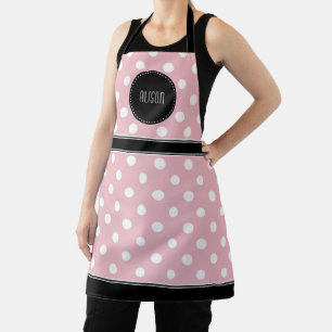 Delantal Punto de polka rosa y blanco con monograma negro